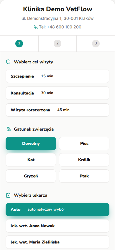 Rezerwacja online VetFlow na telefonie właściciela