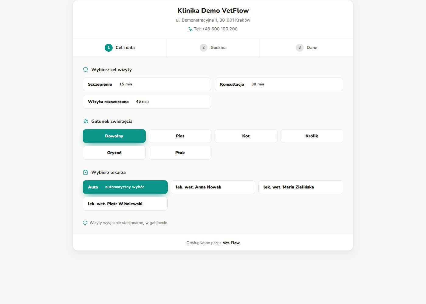 Rezerwacja online VetFlow — wybór celu wizyty, gatunku zwierzęcia i lekarza